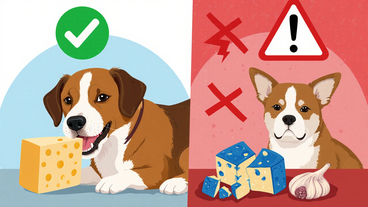 Сравнение: собака ест безопасный сыр слева и опасный сыр справа с предупреждающими символами.