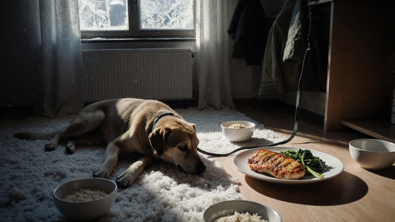 Толстая собака лежит на полу рядом с пустыми мисками для каши, рядом — несъеденная тарелка с мясом.