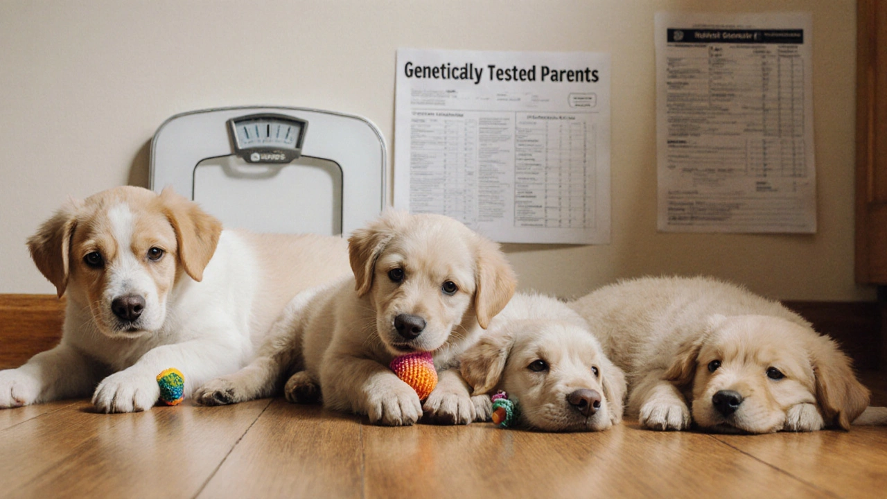 Три щенка восьми недель играют рядом с матерью в чистом питомнике.