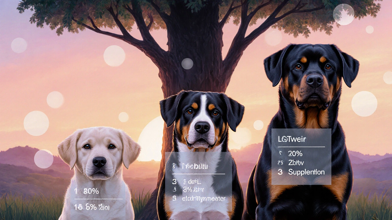 Три собаки разных возрастов с визуализацией их индивидуальных потребностей в питании.