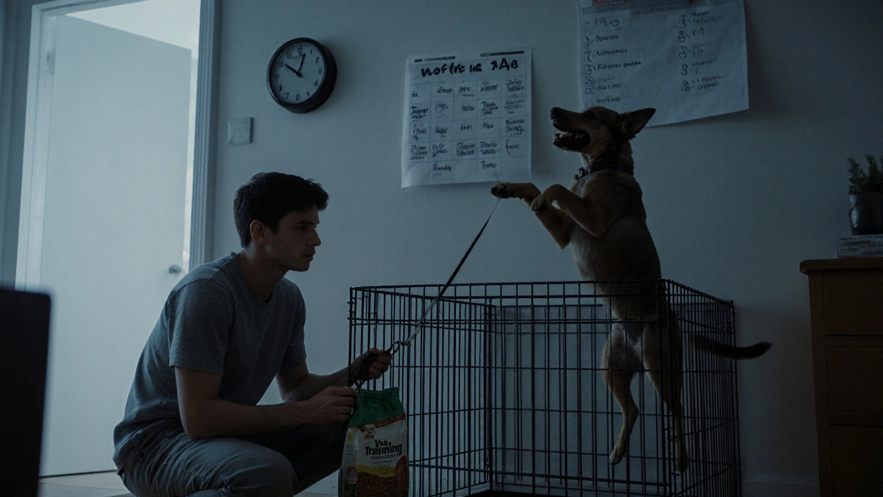 Уставший взрослый держит поводок и еду для щенка, который прыгает в клетке.