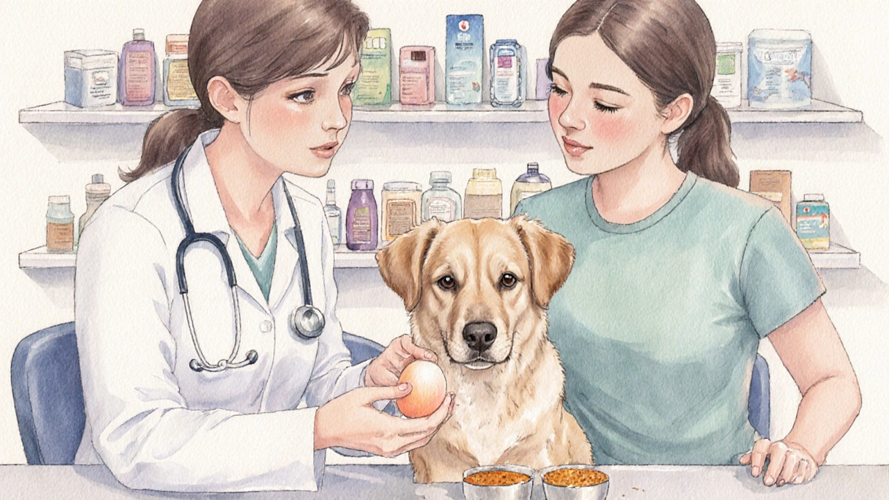 Ветеринар объясняет хозяину, как правильно кормить собаку яйцами.