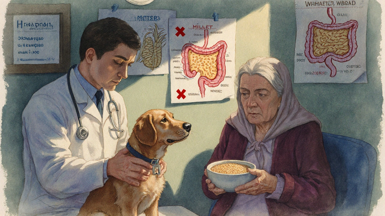 Ветеринар осматривает собаку с вздутым животом после употребления пшена