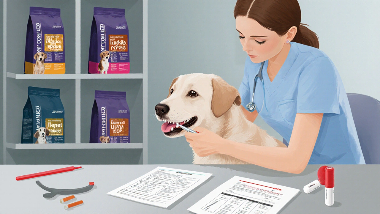 Ветеринар осматривает зубы пожилой собаки в клинике, на столе — анализы и пакеты кормов разных возрастов.