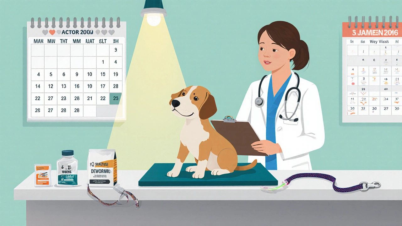 Ветеринар проверяет щенка в клинике, рядом — график вакцинации и медицинские принадлежности.