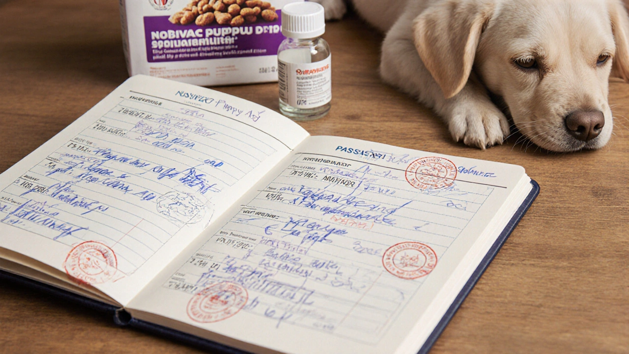 Ветеринарный паспорт щенка с отметками о прививках и лекарствами на столе.