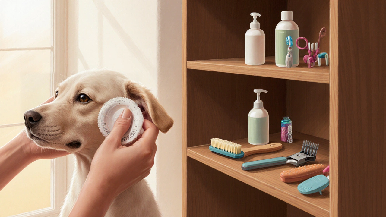 Владелец чистит уши щенку, рядом лежат средства для ухода.