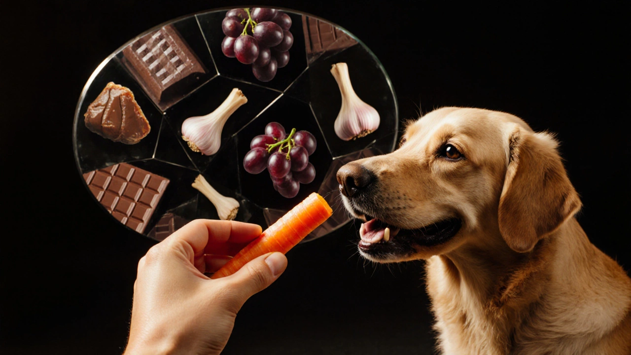 Владелец даёт собаке безопасное лакомство, а в зеркале — запрещённые продукты.