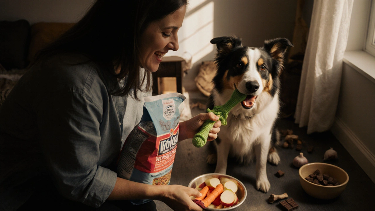 Владелец кормит собаку безопасным кормом и овощами, рядом — игрушка и чистая миска.