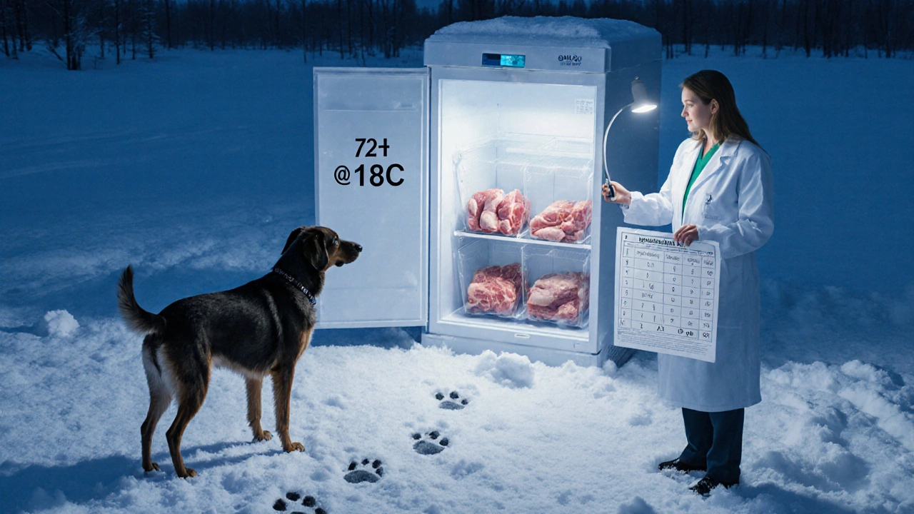 Замороженное сырое мясо в морозилке на фоне снежного пейзажа Сибири и ветеринара с диаграммой питания.