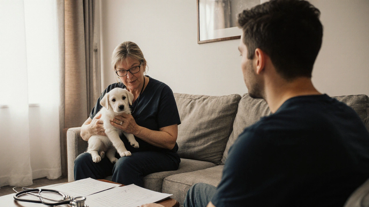 Заводчик задает вопросы будущему владельцу, обсуждая заботу о щенке в спокойной обстановке.