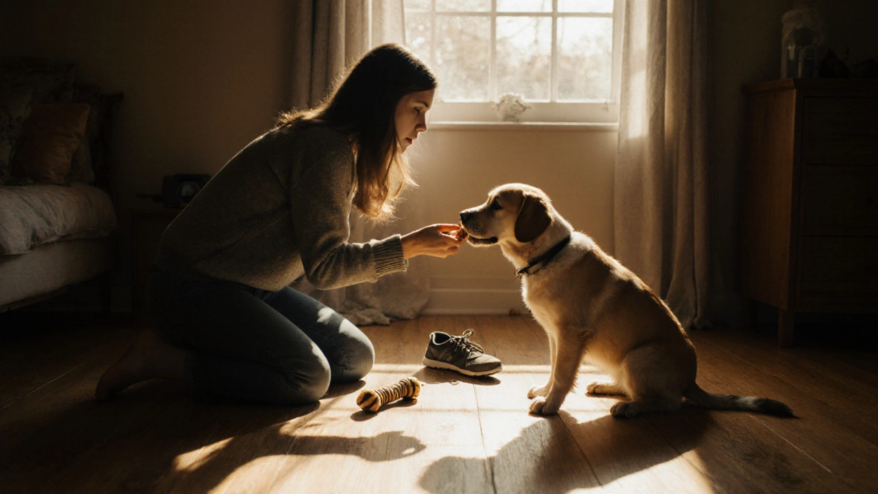 Женщина предлагает лакомство щенку, который медленно подходит — тёплый свет и спокойная атмосфера.