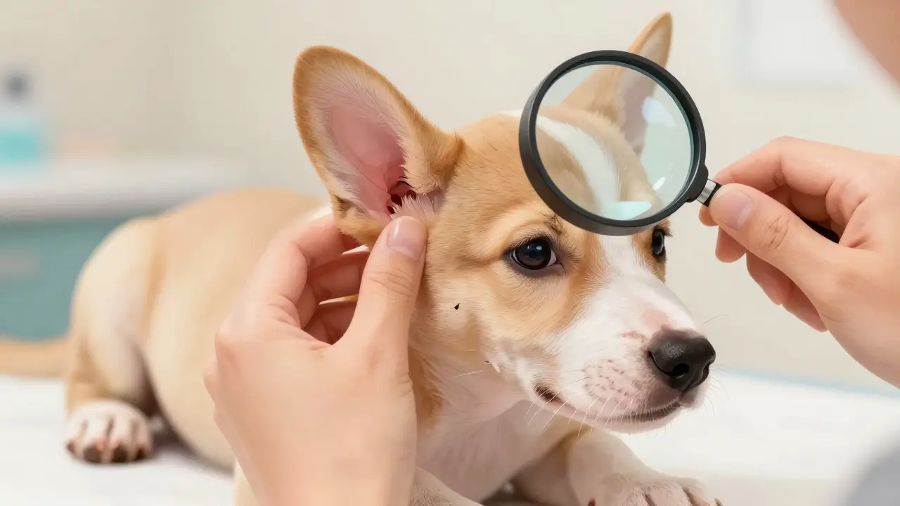 Близкий план рук, осматривающих уши, глаза и лапы щенка на предмет здоровья и чистоты.