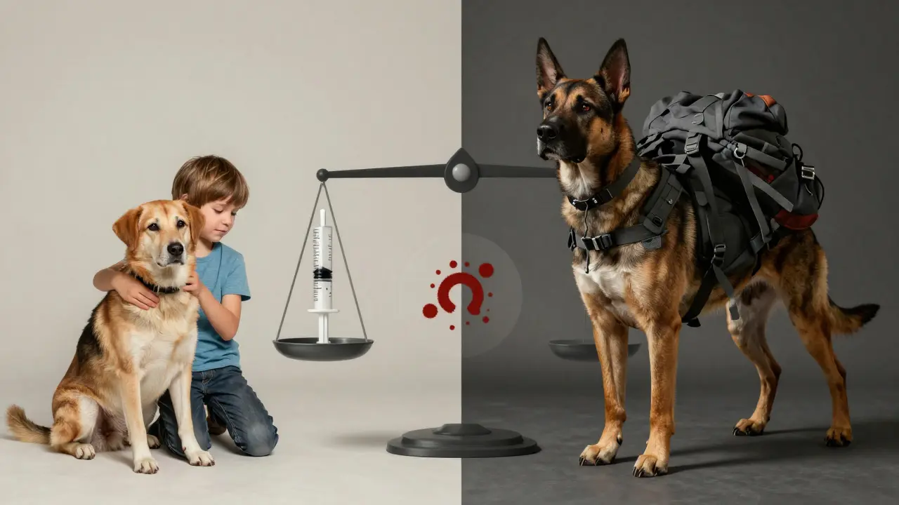 Двойной портрет: спокойная сука рядом с ребёнком и уверенный кобель у походного снаряжения.