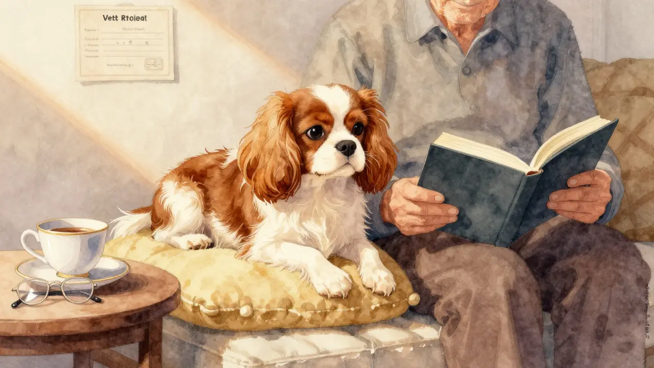 Кавалер-кинг-чарльз-спаниель отдыхает рядом с пожилым человеком в уютной обстановке.