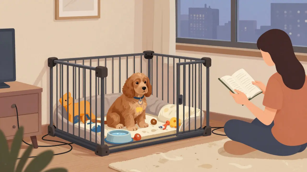 Маленький кокер-спаниель спокоен в безопасной зоне квартиры, провода спрятаны, мебель защищена, вечерний свет.