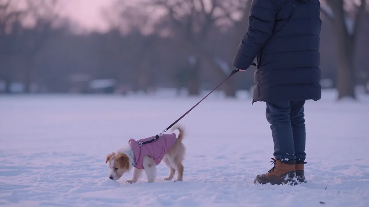Маленький щенок гуляет на поводке с человеком в зимнем парке.