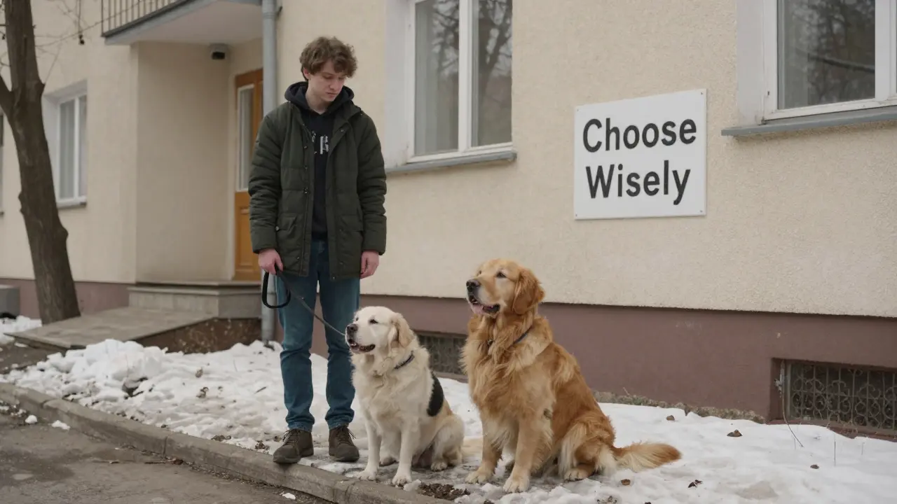 Мопс и золотистый ретривер стоят у входа в квартиру, человек держит поводок, весна за окном.