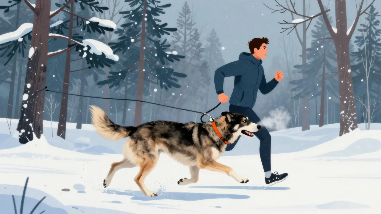 Мужчина бежит с крупным пёсом по заснеженному парку в Сибири, оба дышат в холодном воздухе.