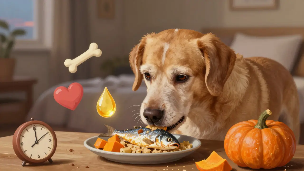 Пожилая собака ест размягченную рыбу с тыквой, символизируя заботу в старости.