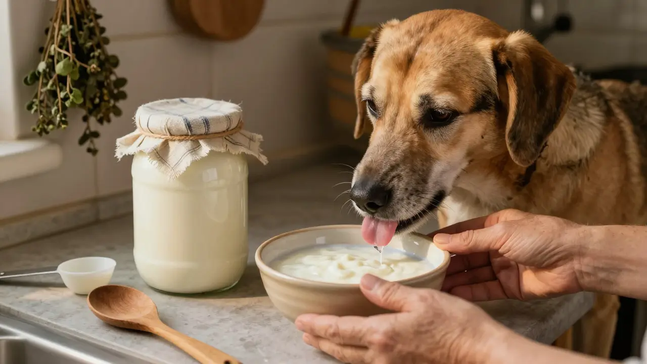 Пожилая собака лакает домашний кефир из керамической миски на кухне.