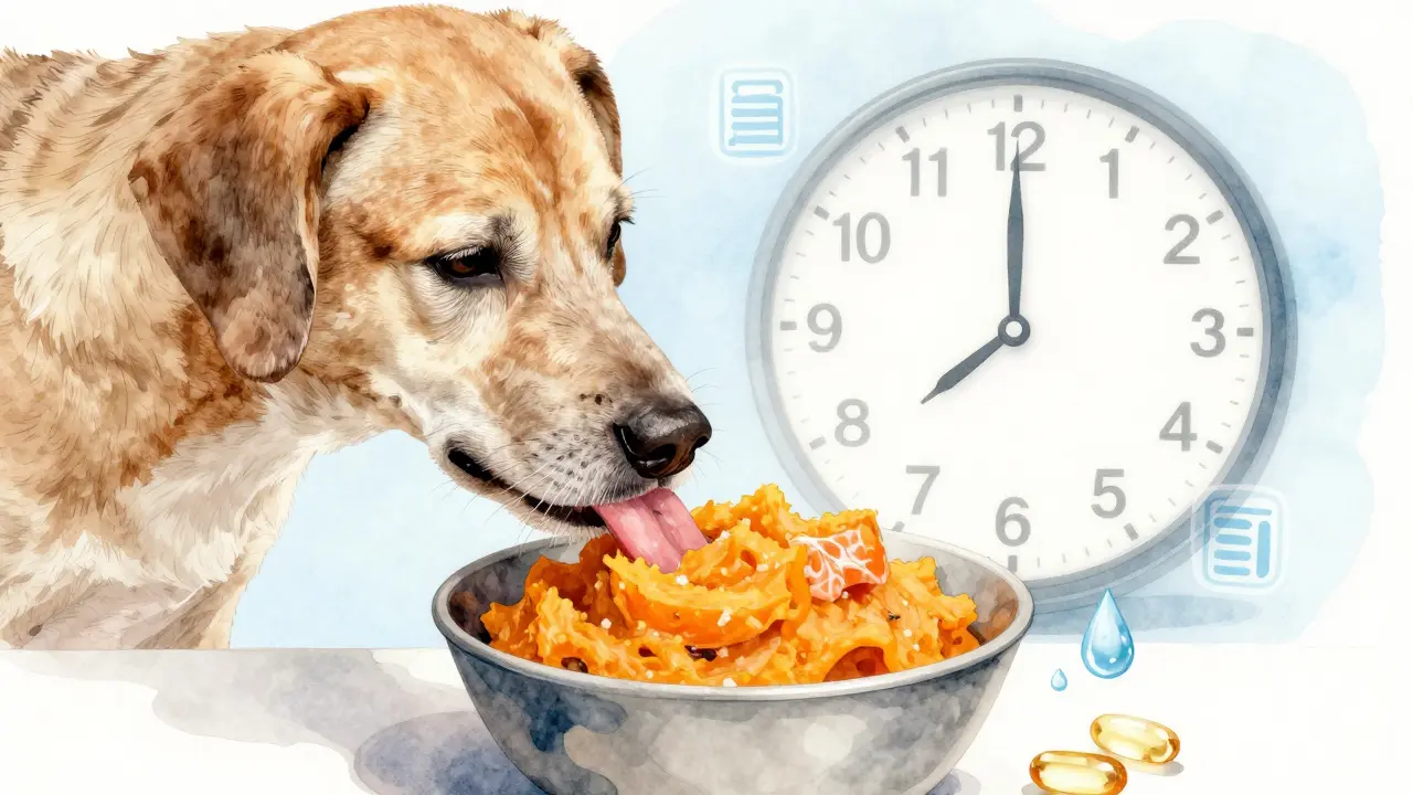Пожилая собака лизает пюре из лосося и тыквы, вокруг — символы кальция и воды.
