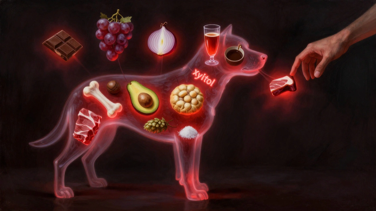 Прозрачная собака, наполненная 13 ядовитыми продуктами, светящимися красным цветом в темном пространстве.