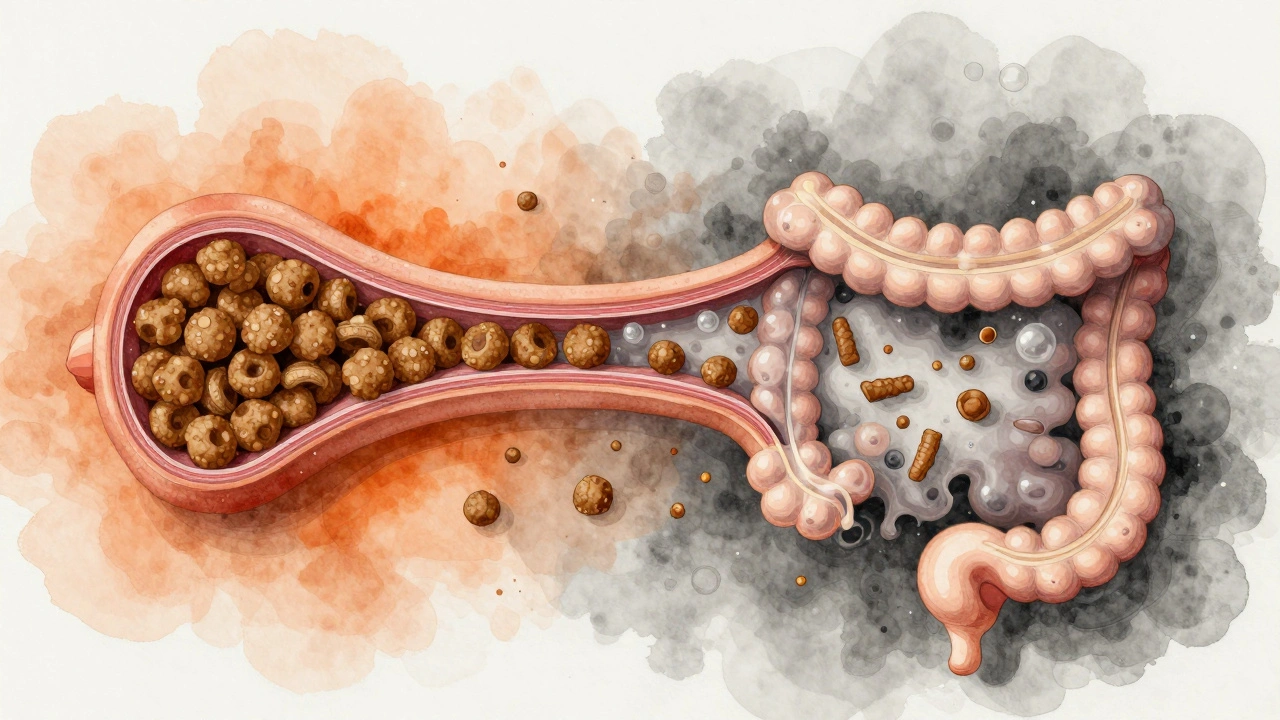 Разрез желудка собаки, показывающий хаотичное пищеварение при смешанном питании.