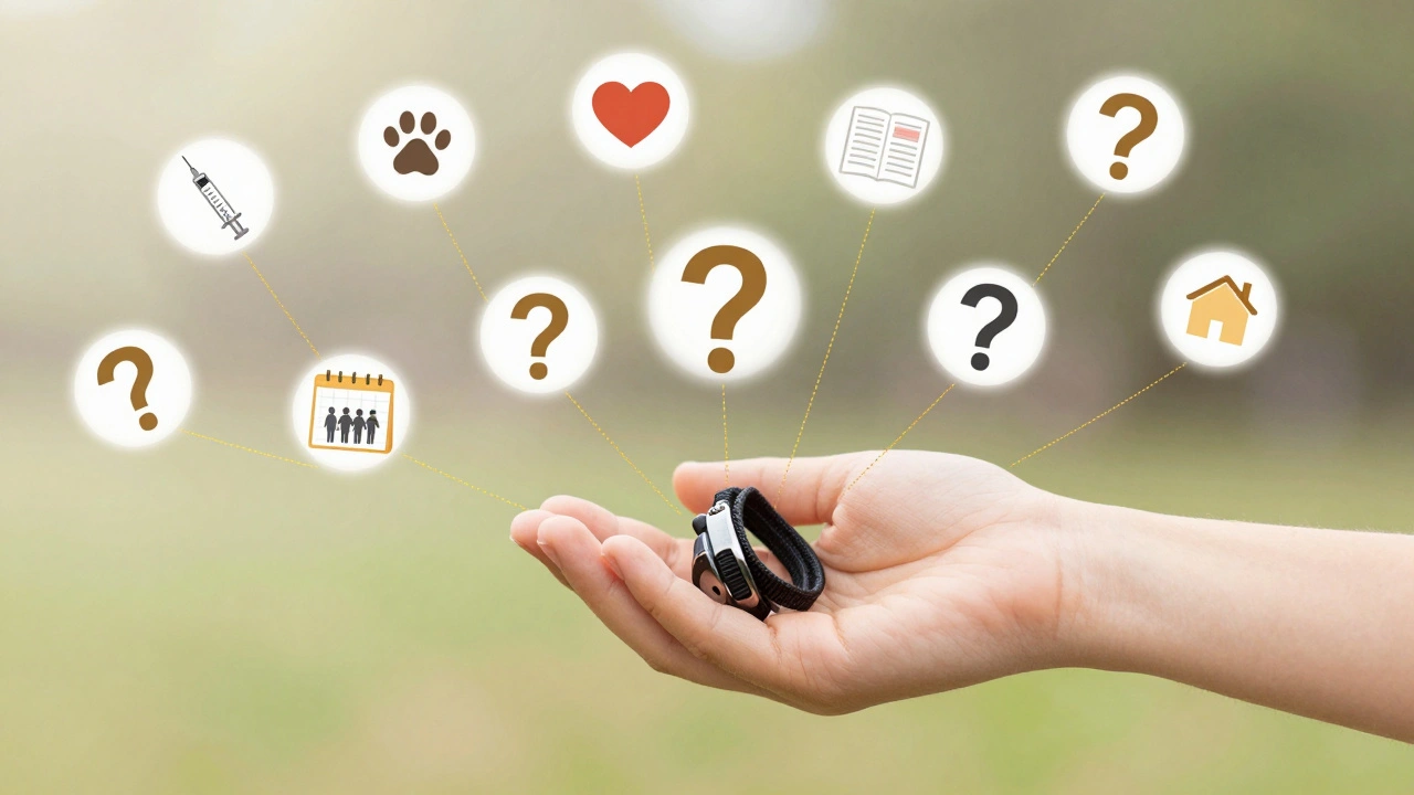 Рука дает поводок ребенку, вокруг — десять вопросов, связанных с уходом за щенком.