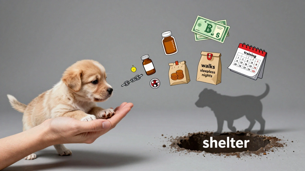 Рука держит щенка, его тень — цепочка финансовых и временных обязательств.