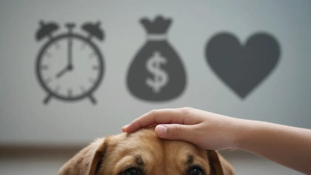 Рука гладит щенка, а на фоне — символы времени, расходов и эмоциональной ответственности за питомца.