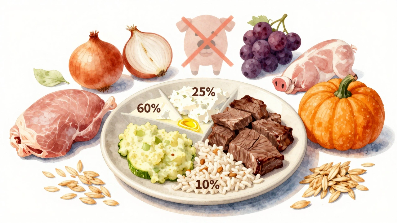 Сбалансированный рацион для собаки: мясо, овощи и крупы на тарелке, вредные продукты зачеркнуты.