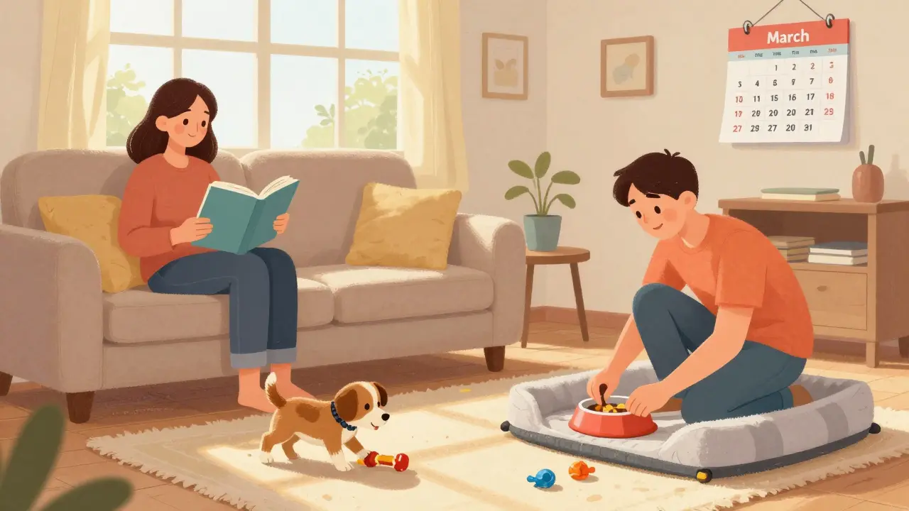 Семья в гостиной с щенком, солнечный свет, игрушки и миска с едой, атмосфера уюта.