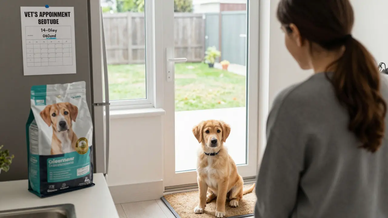 Семья встречает щенка дома: на кухне — еда от заводчика, напоминание о ветеринаре и календарь с карантином.