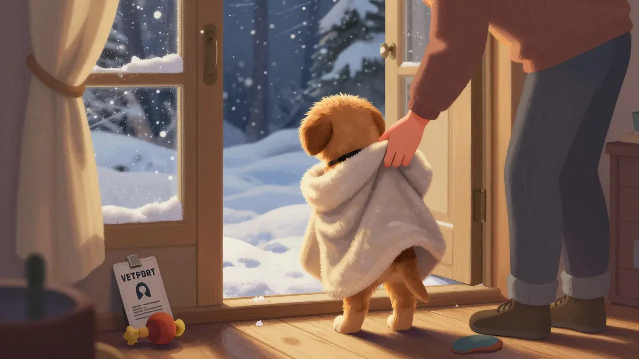 Щенка бережно несут в дом через дверь, за окном — снег.