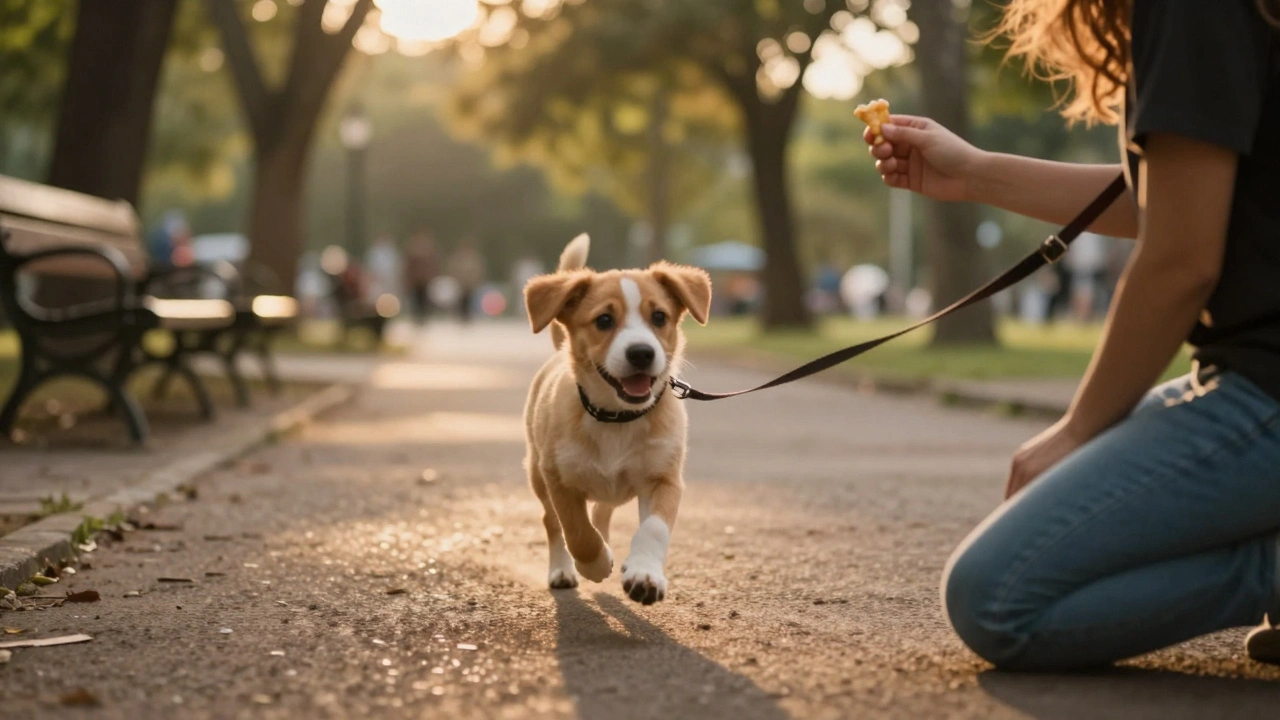Щенок бежит к человеку в парке на золотом закате, получая лакомство.