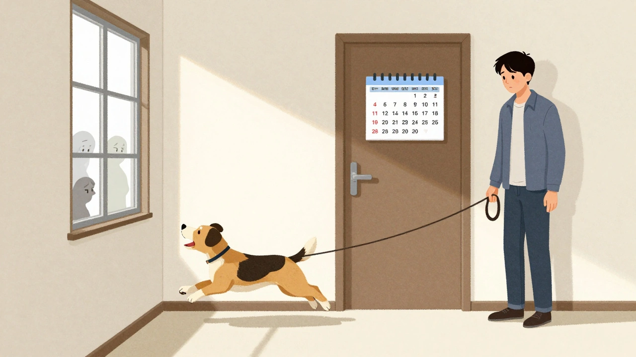 Щенок бежит по маленькой квартире, владелец стоит у двери с поводком.