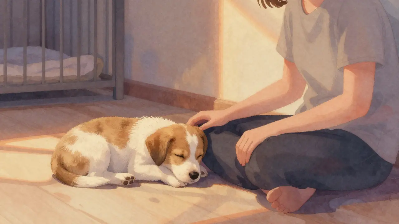 Щенок мирно лежит у ног человека в сумеречном питомнике, между ними — тишина и доверие.