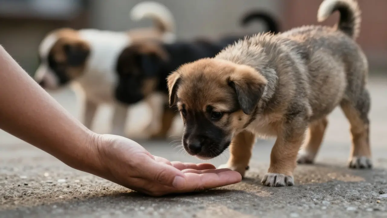 Щенок осторожно обнюхивает открытую ладонь человека, стоящего на полу в тихом питомнике.