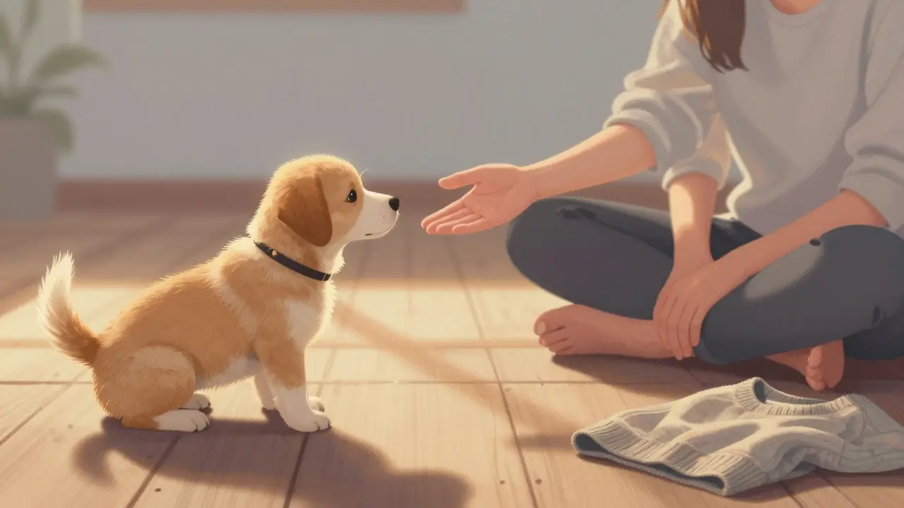 Щенок осторожно подходит к руке человека, сидящего спокойно на полу.