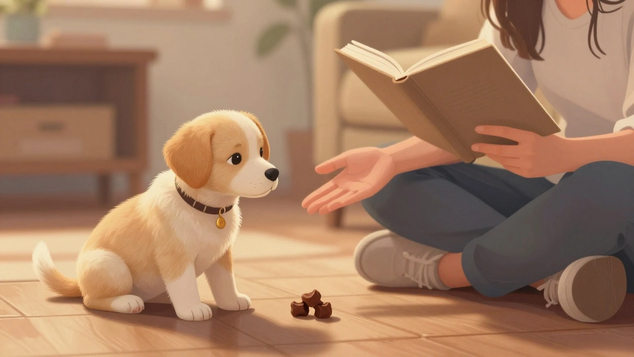 Щенок осторожно подходит к руке с лакомством, человек рядом спокойно читает.