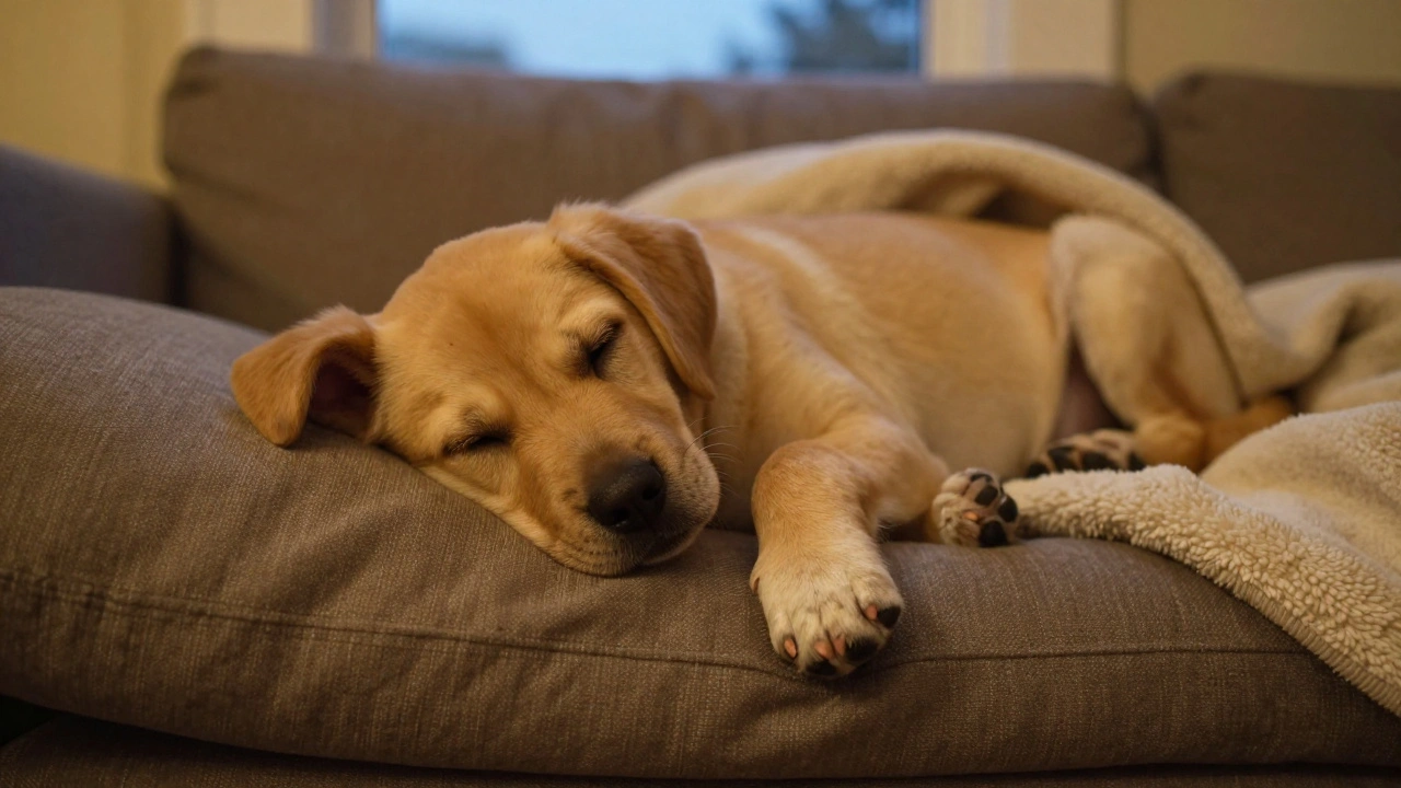 Щенок спит рядом с человеком на диване, чувствуя себя в безопасности.