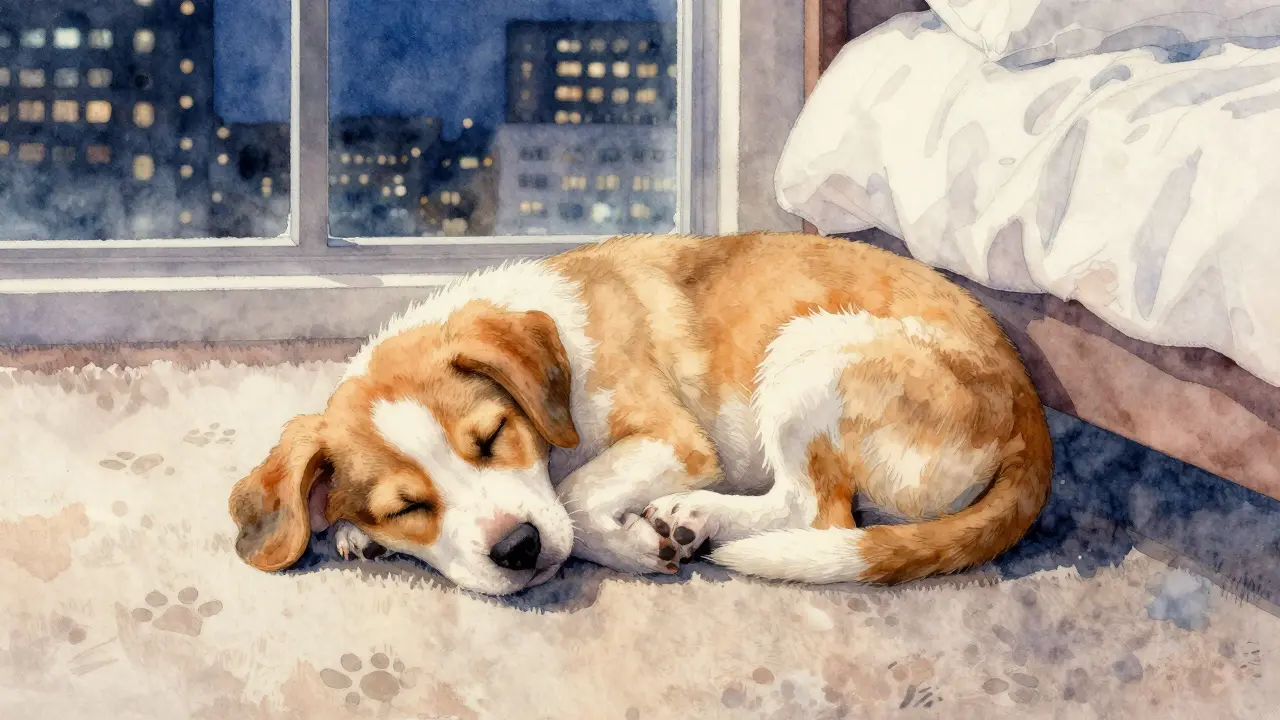 Щенок спит рядом с ногой человека, чувствуя безопасность и покой.