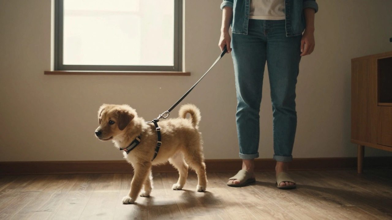 Щенок спокойно идет рядом с владельцем на свободном поводке в доме.