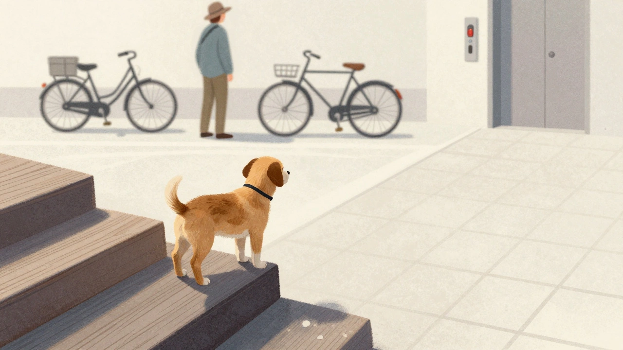 Щенок спокойно осматривает разные уличные объекты в процессе социализации.