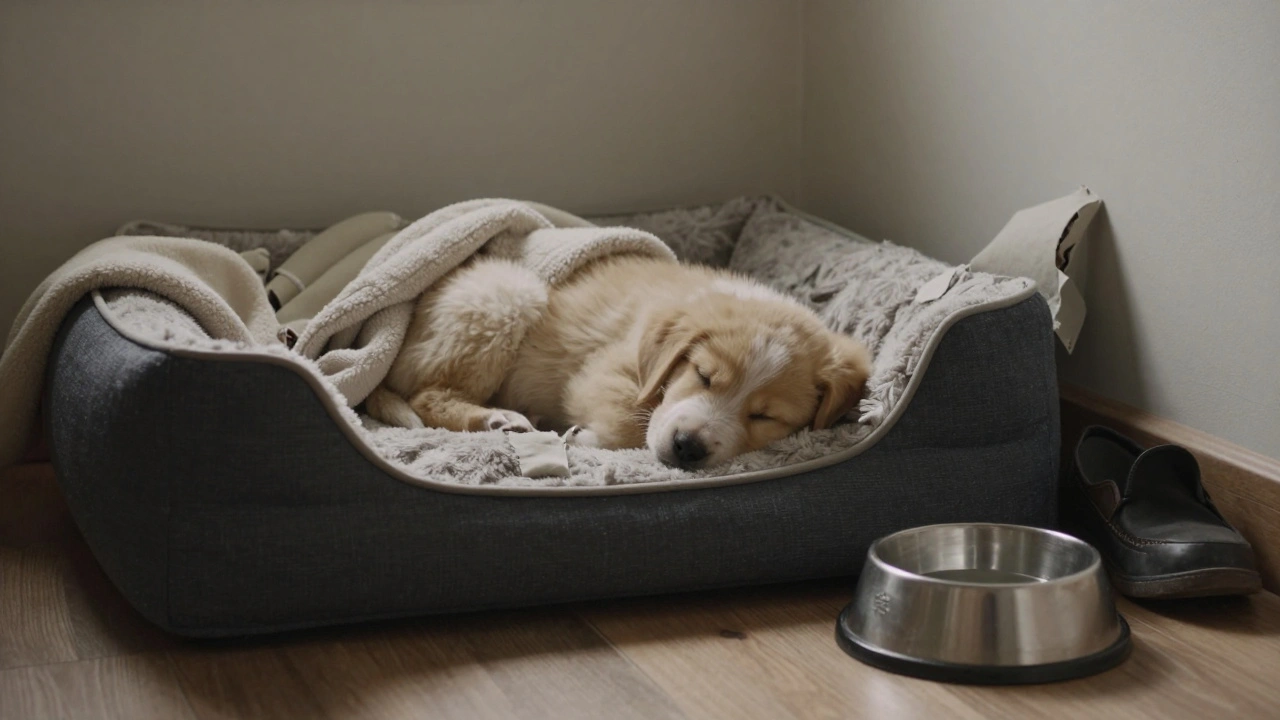 Щенок спокойно спит на уютной подстилке в углу комнаты.