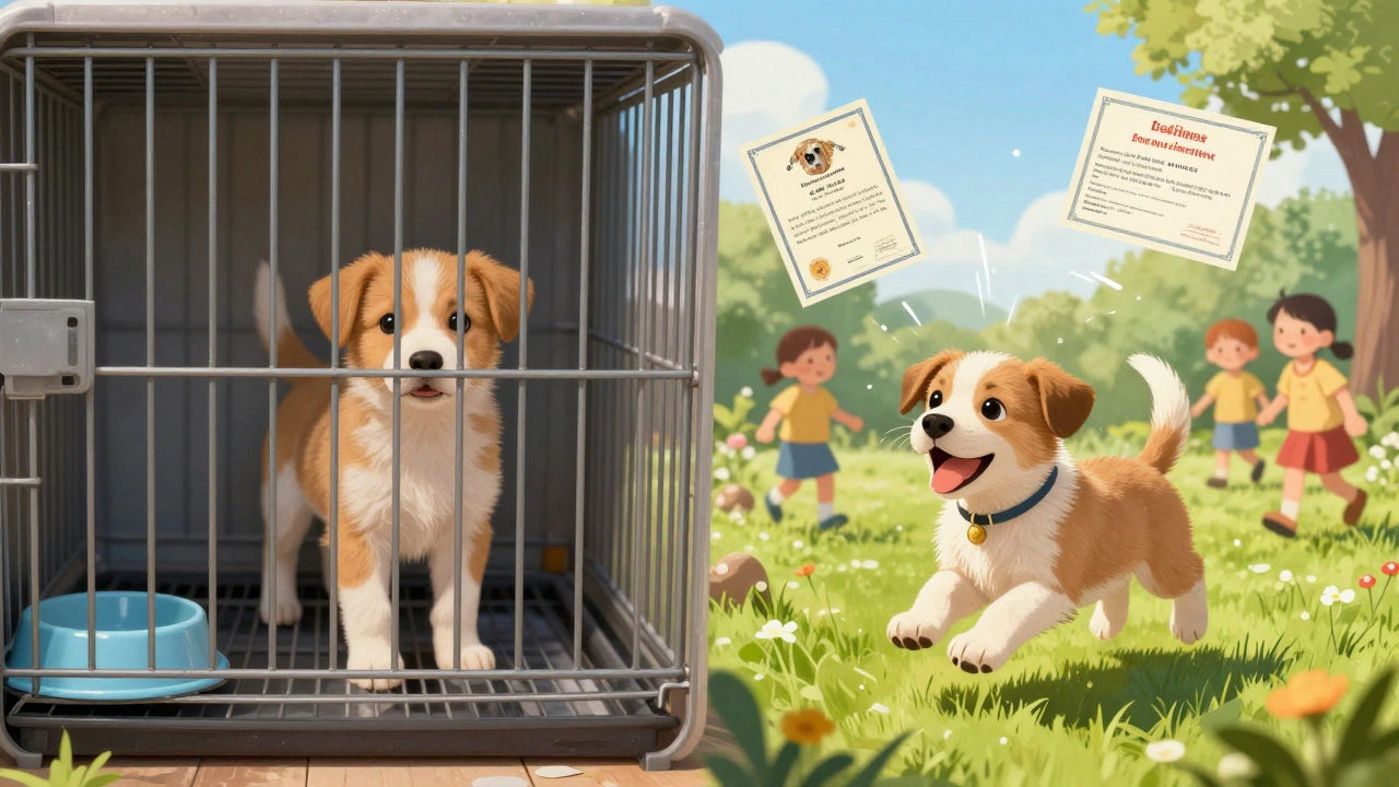 Щенок в клетке слева, тот же щенок на лужайке справа — контраст условий содержания.