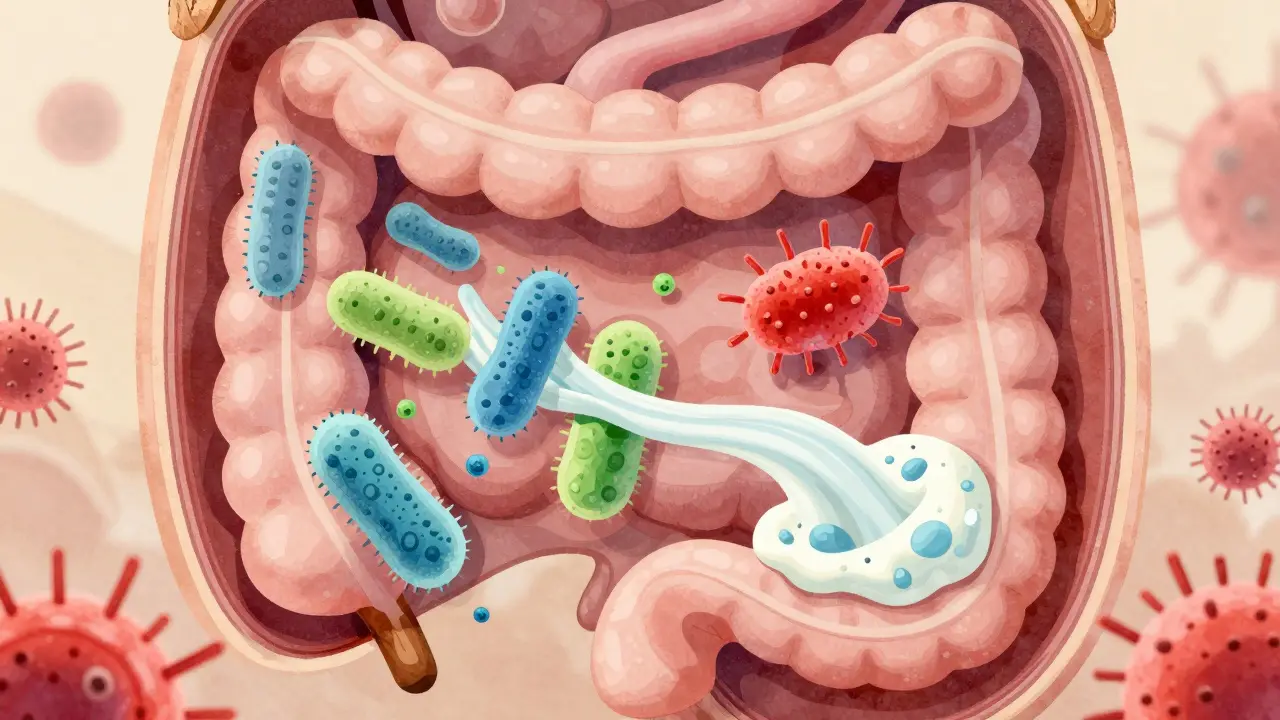 Схема кишечника собаки с полезными бактериями, восстанавливающими микрофлору.
