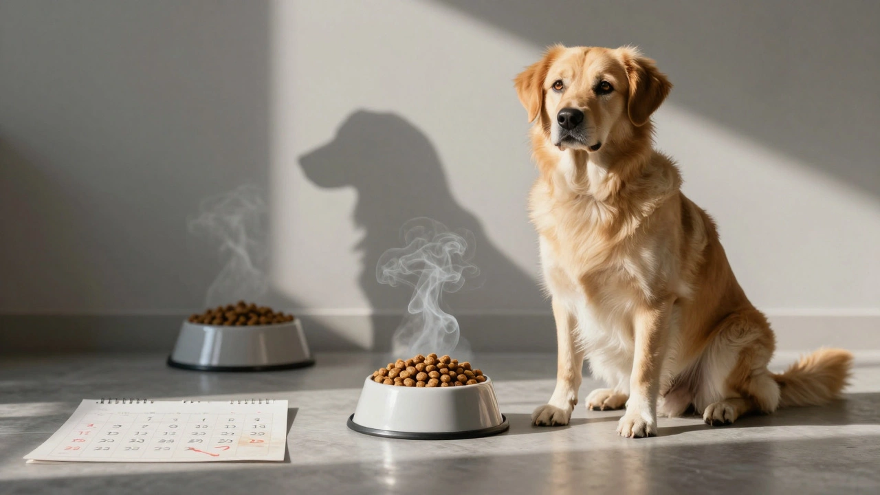 Собака спокойно сидит у одной миски с сухим кормом, символизируя здоровье через стабильность.