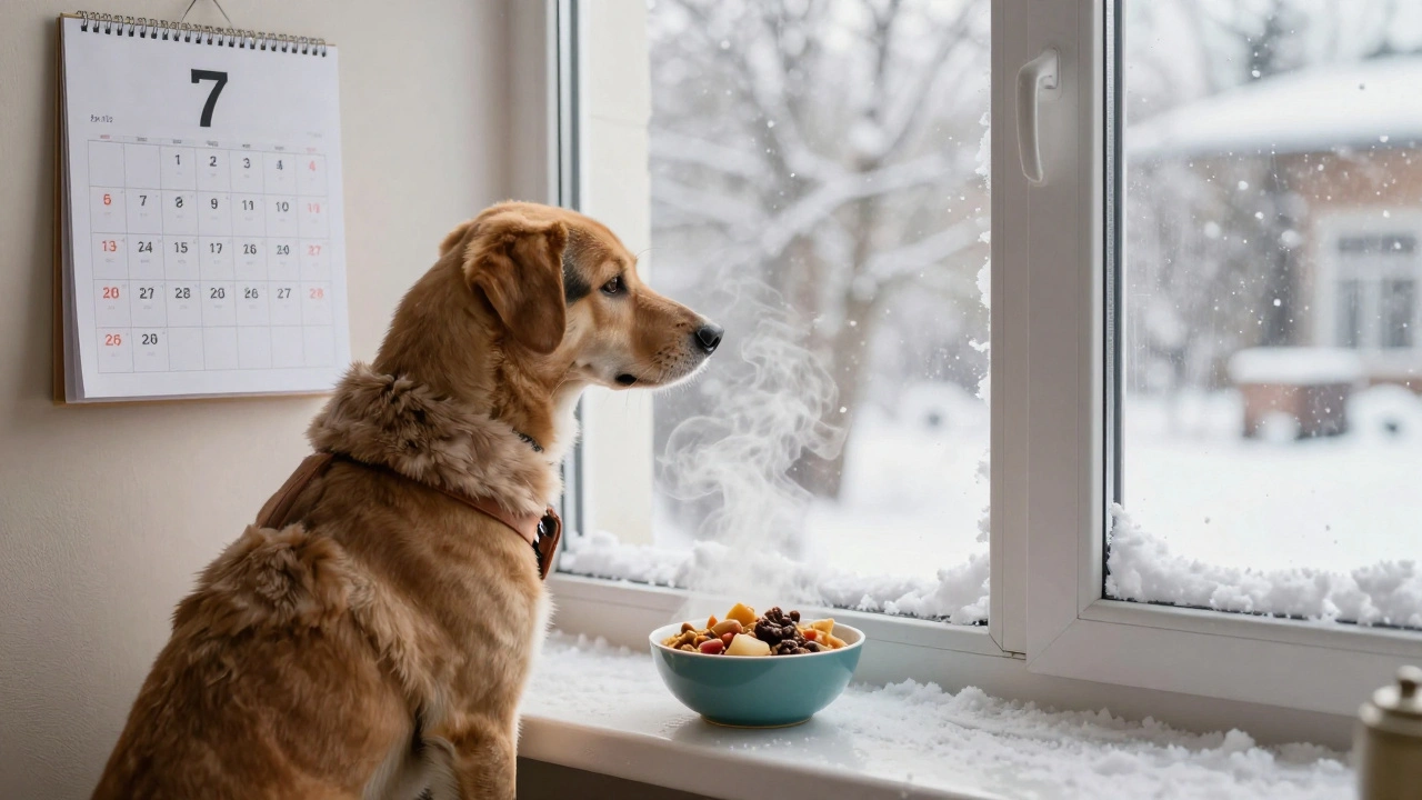 Собака в Томске ест домашнюю еду у окна зимой, за окном снег, внутри тепло и уютно.